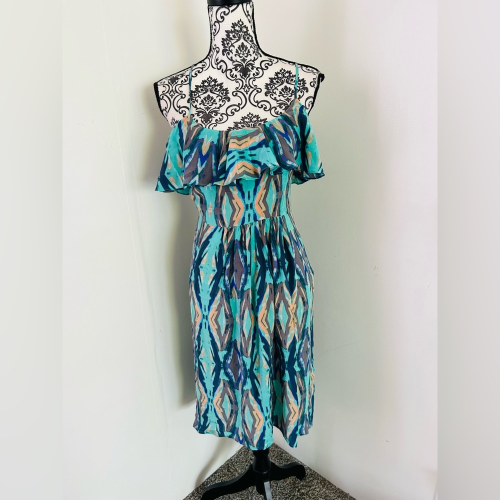 Witchery Women’s Blue Green Off Shoulder 100% Silk Sleeveless Midi Dress Size 8